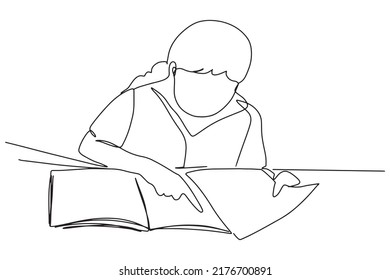 one line continuous line students studying child reading a book education concept vector illustration