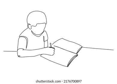 one line continuous line students studying child reading a book education concept vector illustration