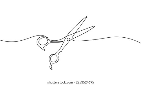 One line continuous stylist scissors symbol concept. Barber haircut beauty salon lifestyle. Digital white single line sketch drawing vector illustration