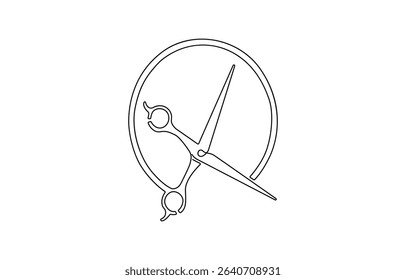 One line continuous stylist scissors symbol concept. Barber haircut beauty salon lifestyle. Digital white single, Barber haircut beauty salon lifestyle. Digital white single line sketch drawing.
