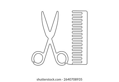 One line continuous stylist scissors symbol concept. Barber haircut beauty salon lifestyle. Digital white single, Barber haircut beauty salon lifestyle. Digital white single line sketch drawing.