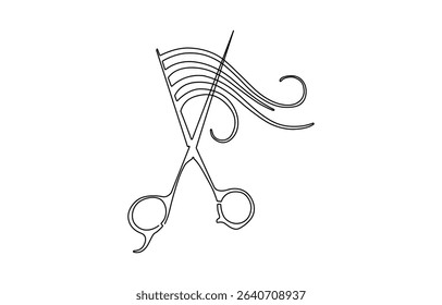 One line continuous stylist scissors symbol concept. Barber haircut beauty salon lifestyle. Digital white single, Barber haircut beauty salon lifestyle. Digital white single line sketch drawing.