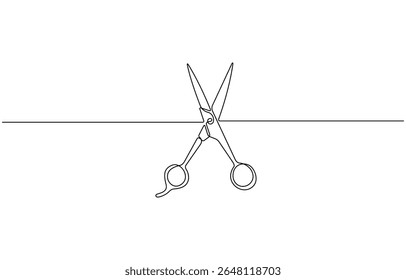 Um conceito de símbolo de tesoura estilista contínua de linha. Barber haircut salão de beleza estilo de vida, Isolado sobre fundo branco vetor ilustração.