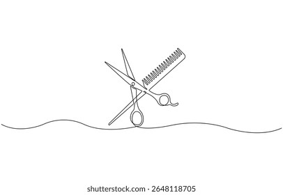 Um conceito de símbolo de tesoura estilista contínua de linha. Barber haircut salão de beleza estilo de vida, Isolado sobre fundo branco vetor ilustração.