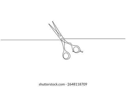 Um conceito de símbolo de tesoura estilista contínua de linha. Barber haircut salão de beleza estilo de vida, Isolado sobre fundo branco vetor ilustração.