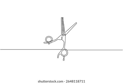 Um conceito de símbolo de tesoura estilista contínua de linha. Barber haircut salão de beleza estilo de vida, Isolado sobre fundo branco vetor ilustração.