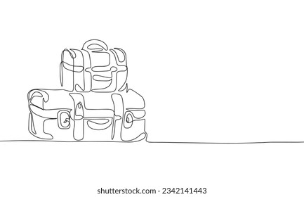 Maletas continuas de una línea. Banner de concepto de línea de arte de viajes. Ilustración del vector de contorno.