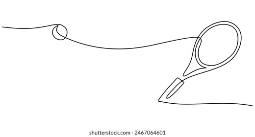 One line continuous tennis ball and racket. Sport competition game tennis ball. Sport vector illustration isolated on white background.