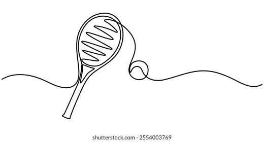 One line continuous tennis ball and racket. Sport competition game tennis ball vector illustration, Tennis Continuous Line Illustration, Tennis ball in one continuous line. One line drawing, minimal.