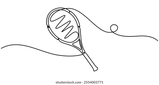 One line continuous tennis ball and racket. Sport competition game tennis ball vector illustration, Tennis Continuous Line Illustration, Tennis ball in one continuous line. One line drawing, minimal.