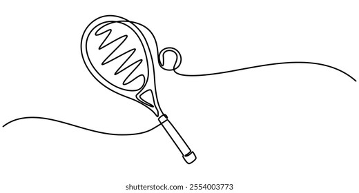 One line continuous tennis ball and racket. Sport competition game tennis ball vector illustration, Tennis Continuous Line Illustration, Tennis ball in one continuous line. One line drawing, minimal.