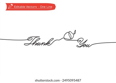 One line continuous Thank You letter with autumn fruit ornament in glamorous style. Vector illustration of a simple one line handwritten Thank you isolated on a vertical white background for gift card