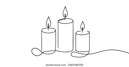 One line continuous three candle. Silhouette of burning memorial ceremony church tradition. Digital white single line sketch drawing vector illustration