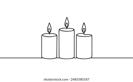 One line continuous three candle. Silhouette of burning memorial ceremony church tradition. Digital white single line sketch drawing vector illustration