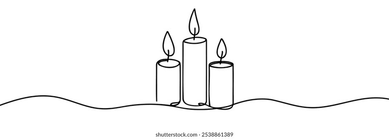 One line continuous three candle. Silhouette of burning memorial ceremony church tradition. Digital white single line sketch drawing vector illustration