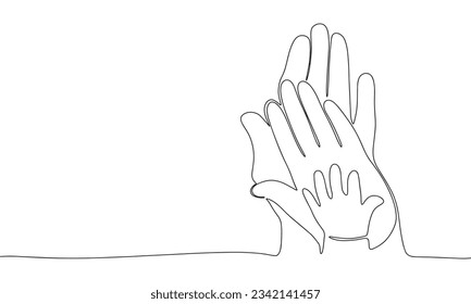 One line continuous three hands. Line art of family concept banner. Outline vector illustration.