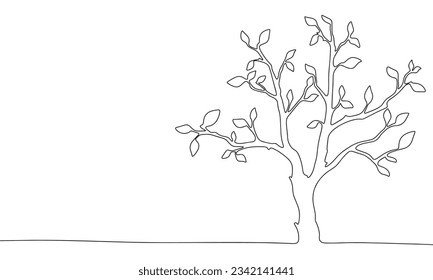Un árbol continuo de una línea con hojas. Banner de concepto de línea de arte de primavera. Ilustración del vector de contorno.