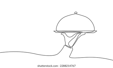 One line continuous waiter with tray closed lid restaurant concept. Hot dishes tasty dinner catering system business. Digital chef gastronomy single line sketch drawing vector illustration