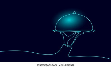 One line continuous waiter with tray closed lid restaurant concept. Hot dishes tasty dinner catering system business. Digital chef gastronomy single line sketch drawing vector illustration