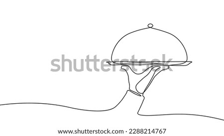 One line continuous waiter with tray closed lid restaurant concept. Hot dishes tasty dinner catering system business. Digital chef gastronomy single line sketch drawing vector illustration