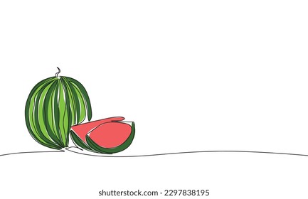 One line continuous watermelon. Hand draw outline, line art fruit vector illustration.
