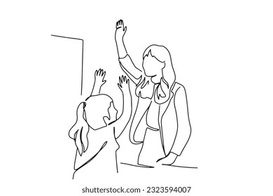 one line continuous line

woman, girl, raising hands, always commenting, professional teacher, person caring and guiding

illustration vector hand drawn