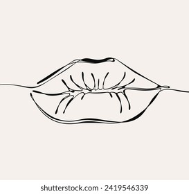 One line continuous woman lips on white background. Outline vector illustration. For banner, design element, template, postcard.