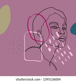 One line continuous woman portrait in abstract style. Creative contemporary doodle art with different shapes and textures. Fashion beauty female logo isolated on colorful background. Hand drawn vector