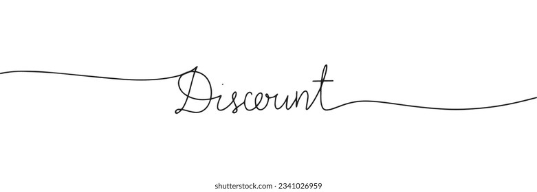 Una línea contínua de la palabra Descuento. Caligrafía de línea, ilustración vectorial de escritura a mano.