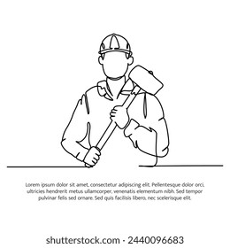 One line continuous of worker carrying a hammer. Minimalist style vector illustration in white background.
