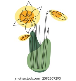 One line continuous yellow daffodils. Flowers concept banner in line art hand drawing style. Outline vector illustration.