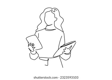 one line continuous line

young woman with mobile phone and smartphone Woman next to a cell phone for texting, advertisement, mobile application concept

illustration vector hand drawn