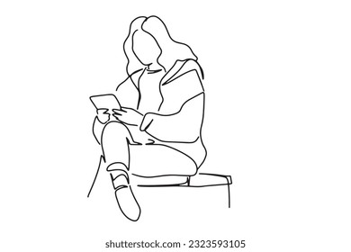one line continuous line

young woman with mobile phone and smartphone Woman next to a cell phone for texting, advertisement, mobile application concept

illustration vector hand drawn