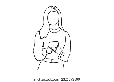 one line continuous line

young woman with mobile phone and smartphone Woman next to a cell phone for texting, advertisement, mobile application concept

illustration vector hand drawn
