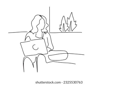 one line continuous line

Young women, female students using notebooks at work, sitting, working, business and studying.

illustration vector hand drawn