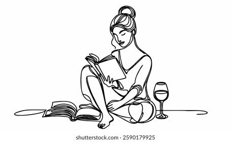 One line contour driving easy woman reading book and glass of wine