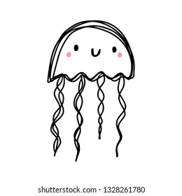 One line contour hand drawn jelly fish cartoon style