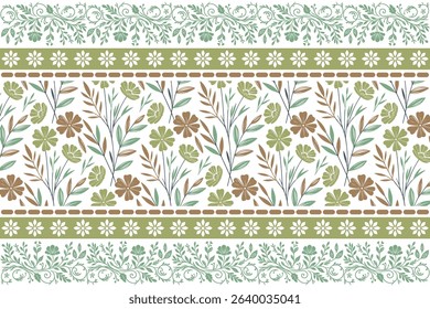 One line cotton flower artwork. Seamless floral sketch pattern with nature elements. Repeating botanical design for home textiles. Ideal for packaging and surface print.
