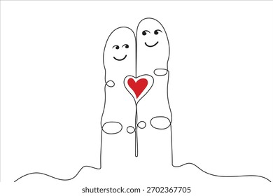 Un par de caracteres de dedo de línea que sostienen un dibujo de corazón rojo, Ilustración vectorial.eps
