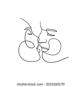 One line couple kiss. Minimalist woman man love symbol, romantic lovers continuous line art print. Vector illustration