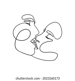 One line couple kiss. Minimalist man woman love symbol, romantic lovers continuous line art print. Vector illustration