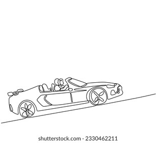 One line of couple road trip with modern sport car. Single line of people ride car. Continuous line of man and woman drive car isolated on white background.