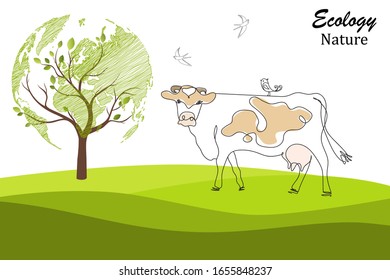 One line cow design silhouette and rural meadow on a background of mountain and tree in the form of a world map. Natural landscape. Hand drawn minimalism style vector illustration. Green.