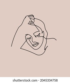 One line crying sad woman portrait, creative freehand composition in contemporary abstract style. Beauty fashion female young figure, design for print, card, poster
