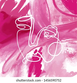 One line cubism face on abstract background with pink blots. shapes. 