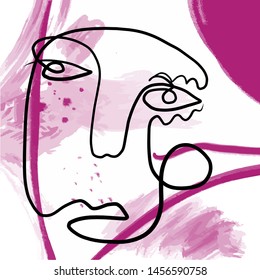 One line cubism face on abstract background with pink blots. shapes. 