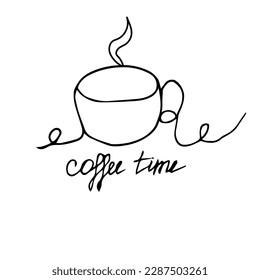 One line Cup of coffee isolated on white background with inscription. Line art Coffeebreak. Simple black contour mug with cappuccino. Time to Hot drink.