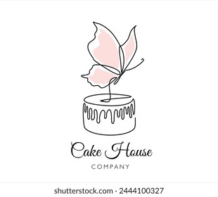 Logo de cupcake de una línea con mariposa. Objetos aislados