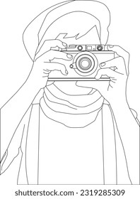 one line darwing hand holding camera and photographer