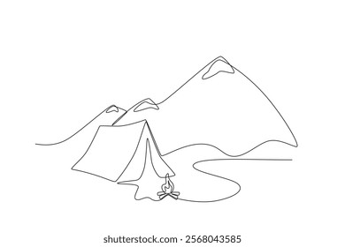 One line depicts a camping landscape in a campground. tent and bonfire in front of the mountain. Eco-friendly tourism. Continuous line drawing design vector illustration
